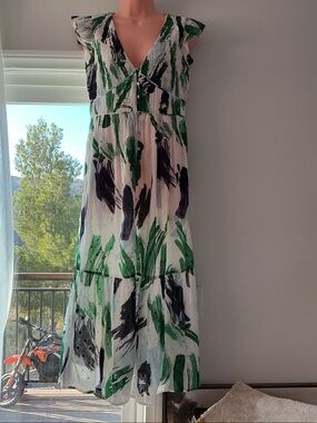 Anthropologie Sleeveless V-Neck Green and Black Brushstroke Maxi Dress